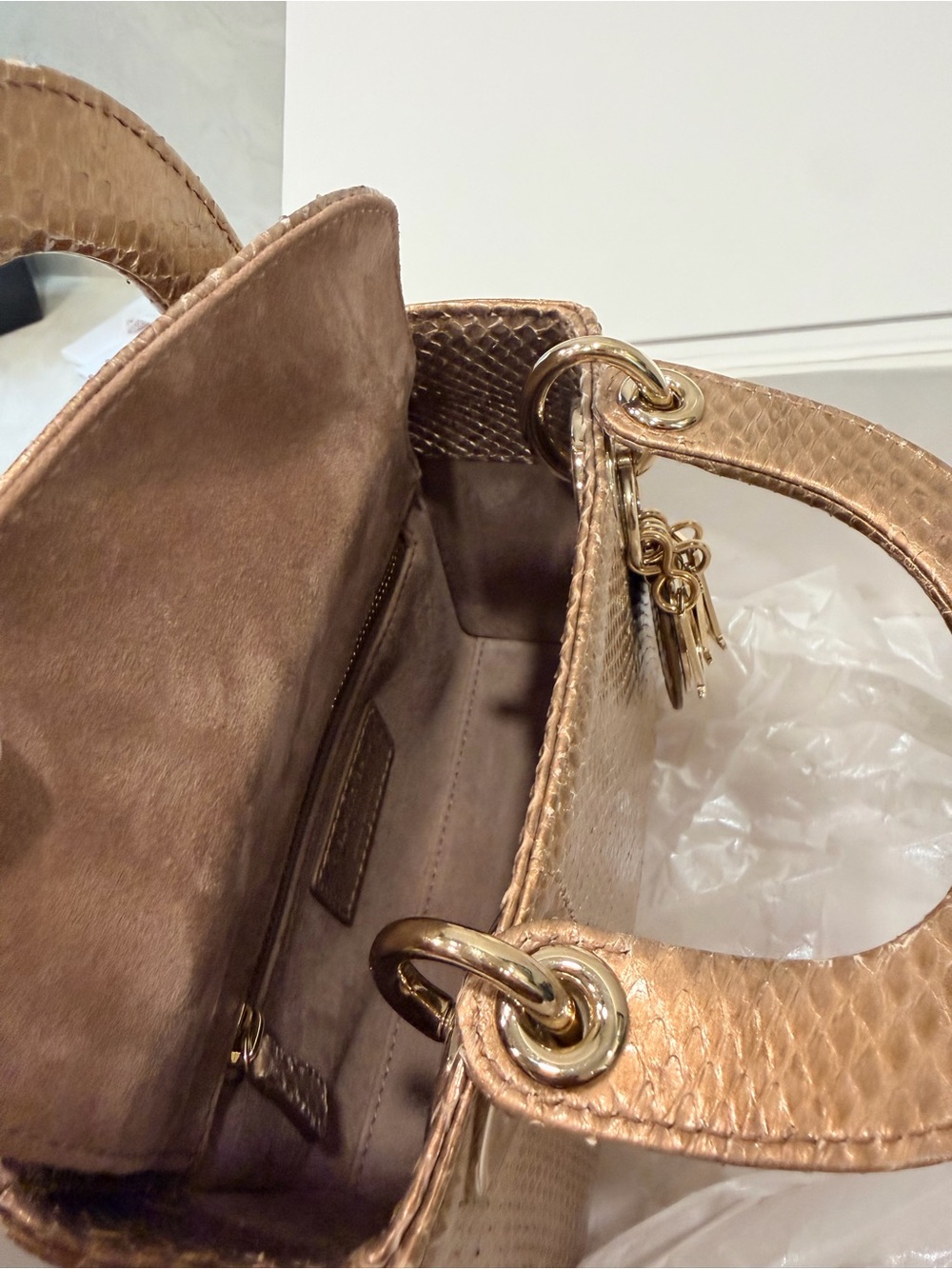 Dior Metallic Gold Python Lady Dior Top Handle Satchel - Picture 6 of 8